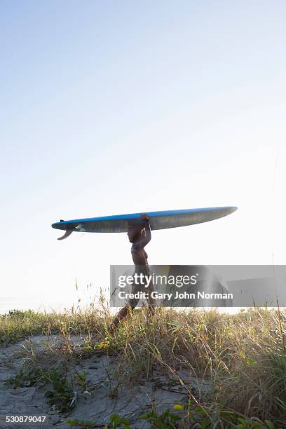 young woman carrying paddle board on her head. - juno beach florida photos et images de collection