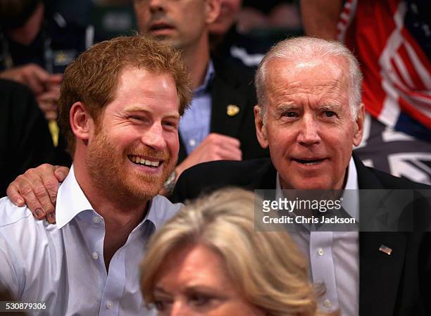 Prince Harry and Vice President of the United States of America Joe Biden watch USA Vs Denmark in the wheelchair rugby match at the Invictus Games...