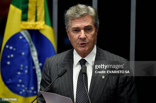 Brazilian Senator and former President Fernando Collor de Mello delivers a speech during the debate on suspending and impeaching President Dilma...