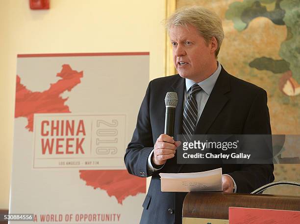 Charles, 9th Earl Spencer delivers remarks at ChinaWeek's Business Summit VIP Dinner at Empress Pavilion on May 11, 2016 in Los Angeles, California.