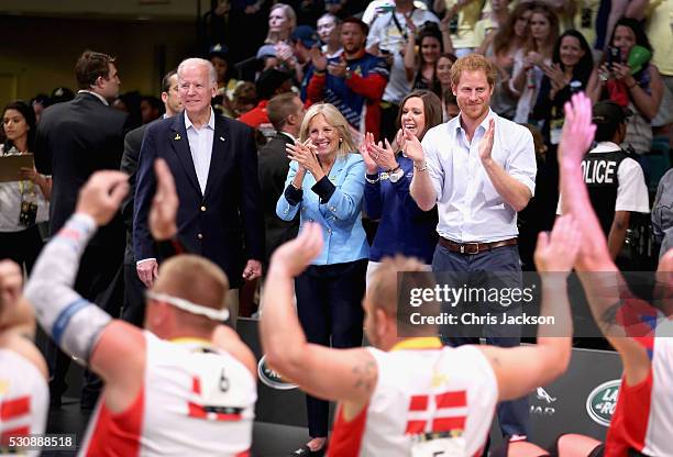 Jill Biden, Joe Biden and Prince Harry clap the USA and Denmark Wheelchair Rugby teams in the wheelchair rugby finals at the Invictus Games Orlando...