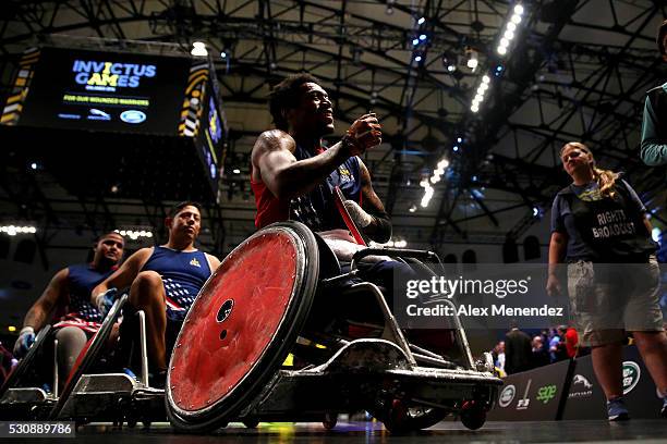 Anthony McDaniel celebrates his Gold medal win against Denmark during the Invictus Games Orlando 2016 Wheelchair Rugby Finals at the ESPN Wide World...