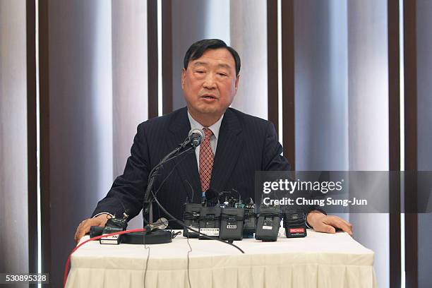 Newly elected President of the PyeongChang Organizing Committee for the 2018 Olympic and Paralympic Winter Games , Lee Hee-Beom speaks at a news...