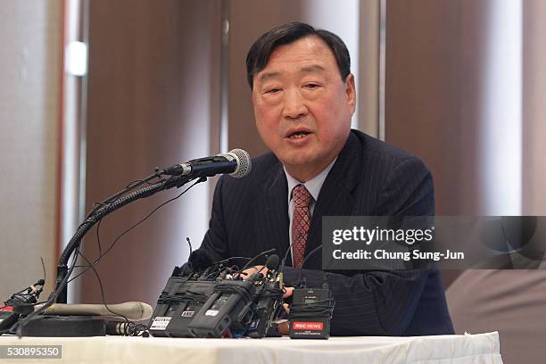 Newly elected President of the PyeongChang Organizing Committee for the 2018 Olympic and Paralympic Winter Games , Lee Hee-Beom speaks at a news...