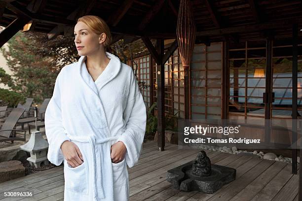 woman at spa - woman bathrobe stock pictures, royalty-free photos & images