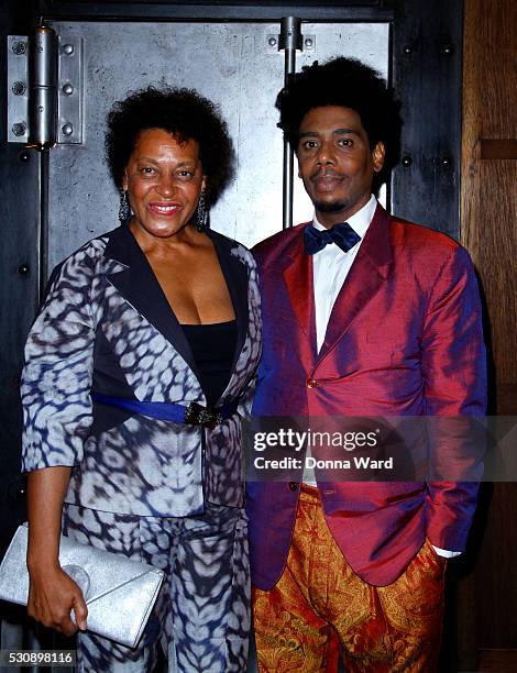 Carrie Mae Weems and Carl Hancock Rux attend the National Sawdust's Spring 2016 Gala at Weylin B. Seymour's on May 11, 2016 in the Brooklyn borough...