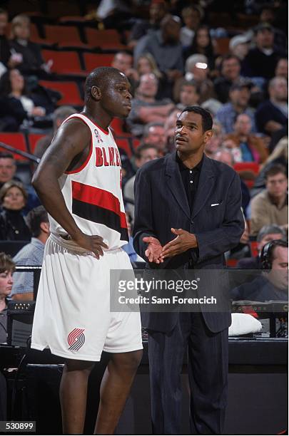 Zach Randolph of the Portland Trail Blazers receives instructions during the pre-season game against the Sacramento Kings at the Rose Garden in...