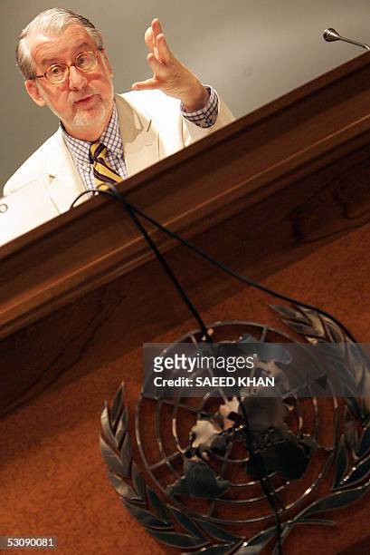 United Nations human rights envoy in Myanmar Paulo Sergio Pinheiro gestures at a press conference at the UN office in Bangkok, 17 June 2005. Pinheiro...