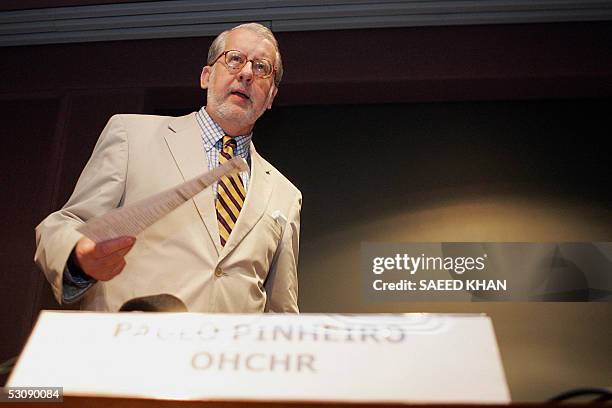 United Nations human rights envoy in Myanmar Paulo Sergio Pinheiro arrives to address a press conference at the UN office in Bangkok, 17 June 2005....
