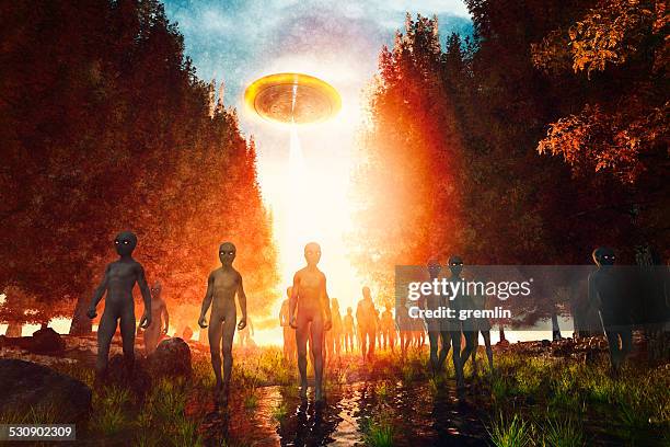 alien invasion in the forest, scary, dark, invasion - militaire invasie stockfoto's en -beelden