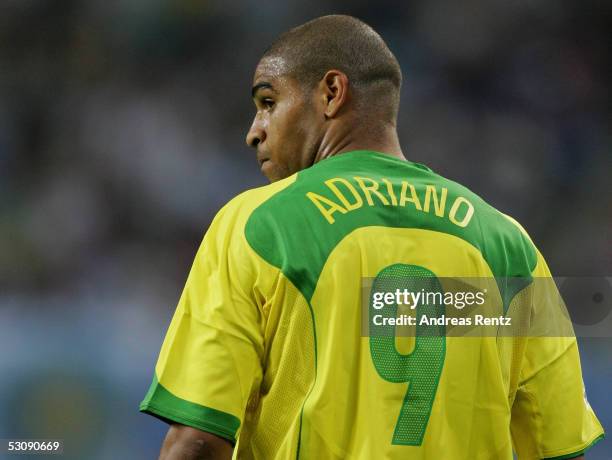 Adriano of Brazil looks on during the FIFA Confederations Cup 2005 match between Brazil and Greece on June 16, 2005 in Leipzig, Germany.