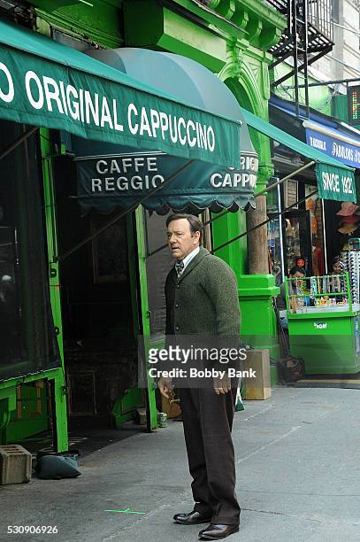 Actor Kevin Spacey on the set of "Rebel in the Rye" as writer Whit Burnett on May 11, 2016 in New York City.