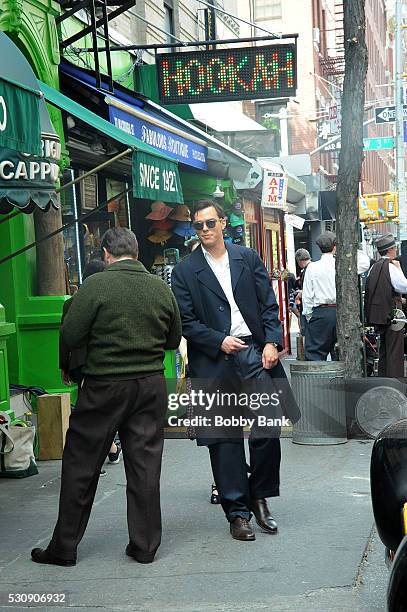 Actors Kevin Spacey and Nicholas Hoult on the set of "Rebel in the Rye" as writers Whit Burnett and J.D. Salinger on May 11, 2016 in New York City.