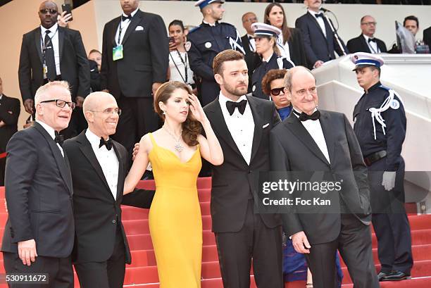 Thierry Fremaux, Jeffrey Katzenberg, Anna Kendrick, Justin Timberlake and Pierre Lescure attend the screening of "Cafe Society" at the opening gala...
