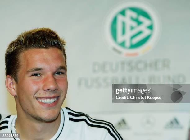 Lukas Podolski laughs during the press conference of the German National Team for the Confederations Cup 2005 on June 17, 2005 in Cologne, Germany.