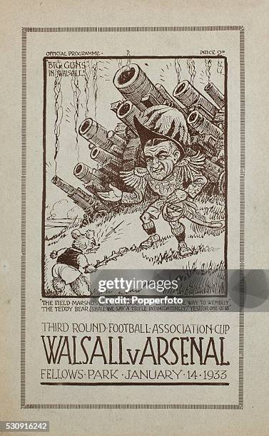 The programme cover for the Walsall v Arsenal FA Cup third round, featuring a Walsall teddy bear standing firm against an Arsenal field-marshal,...