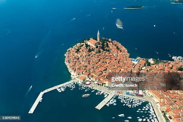 aerial view of rovinj, croatia - rovinj stock pictures, royalty-free photos & images