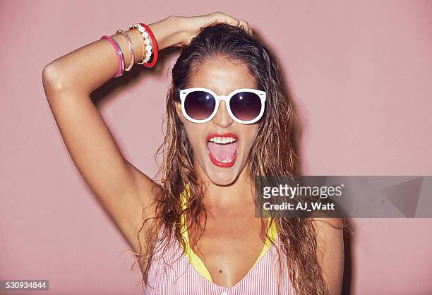 i'm so excited and my shades just can't hide it - summer fashion model stock pictures, royalty-free photos & images