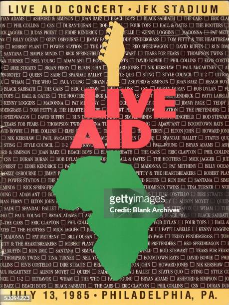 Front cover of the program from the Live Aid concert at JFK Stadium in Philadelphia, Pennsylvania, July 13, 1985. The concert, and a simultaneous one...