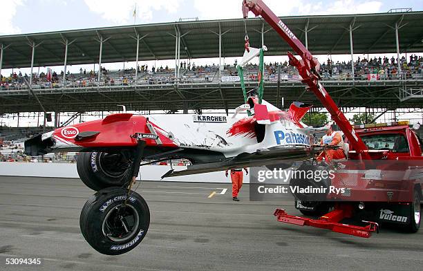 Ralf Schumacher?s race car is seen after his crash during the practice for the US F1 Grand Prix on June 17, 2005 in Indianapolis, Indiana.
