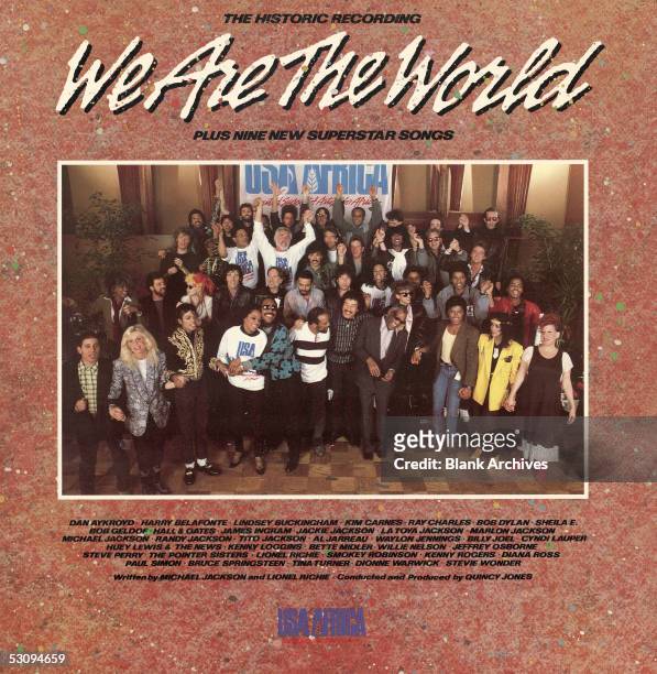 Front cover of the 'USA for Africa We are the World' record album, the music on which was designed to raise awareness and funds for a worldwide...