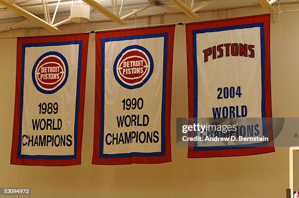 The Detroit Pistons Champiohship banners are seen as they hang from the rafters during Media Availability the day after Game Four of the 2005 NBA...