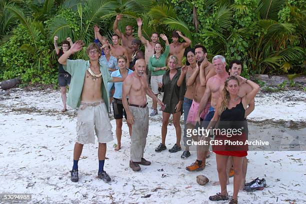 Castaways during the first episode of Survivor: Palau say goodbye to Wanda Shirk and Jonathan Libby, Angie Jakusz, Ian Rosenberger, Stephenie...