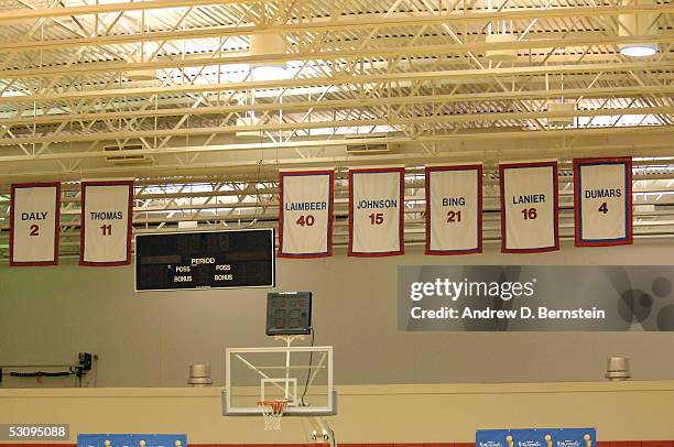 The banners of Pistons players who have had their numbers retired by the franchise are seen as they hang from the rafters during Media Availability...