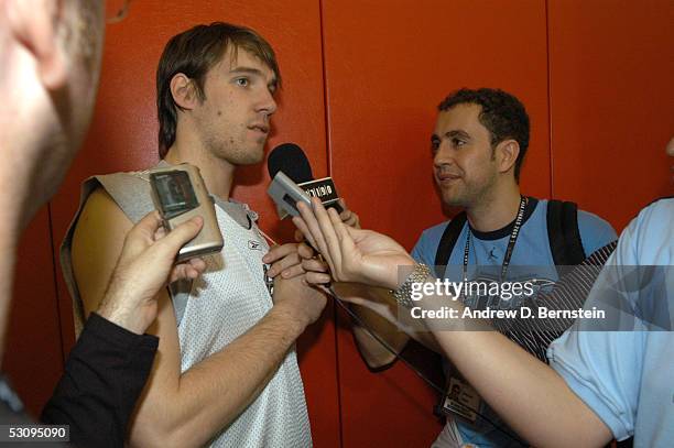 Beno Udrih of the San Antonio Spurs talks with the press during Media Availability the day after Game Four of the 2005 NBA Finals on June 17, 2005 at...