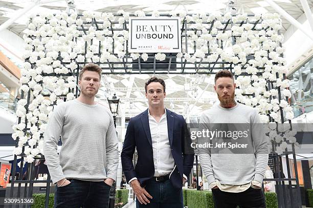 Rick Edwards, Thom Evans and Bill Huxley enjoy the Esquire Grooming Station at Westfield London on May 11, 2016 in London, England.