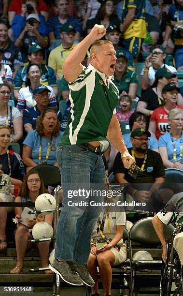 John Cena in the Jaguar Landrover Challenge wheelchair rugby match at the Invictus Games Orlando 2016 at ESPN Wide World of Sports on May 11, 2016 in...