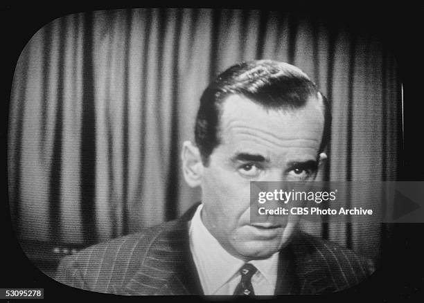 Screen capture of American journalist Edward R. Murrow as he delivers an investigative report critical of US senator Joseph McCarthy on the news show...