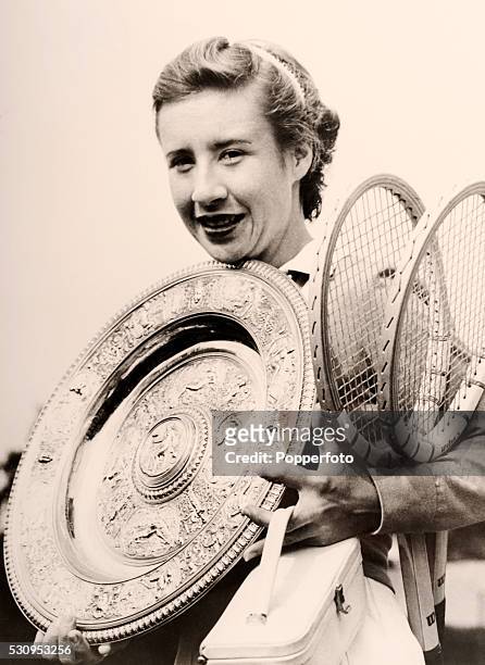 Maureen Connolly wins the ladies singles championship at Wimbledon, circa July 1952.