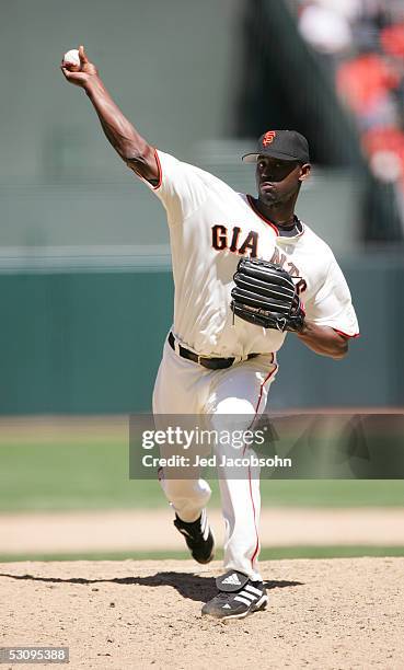 LaTroy Hawkins of the San Francisco Giants pitches during the Interleague game against the Kansas City Royals at SBC Park on June 9, 2005 in San...