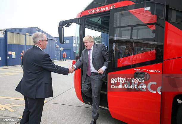 Boris Johnson is greeted as he visits Reidsteel, a Christchurch company backing the Leave Vote on the 23rd June 2016. On May 12, 2016 in...