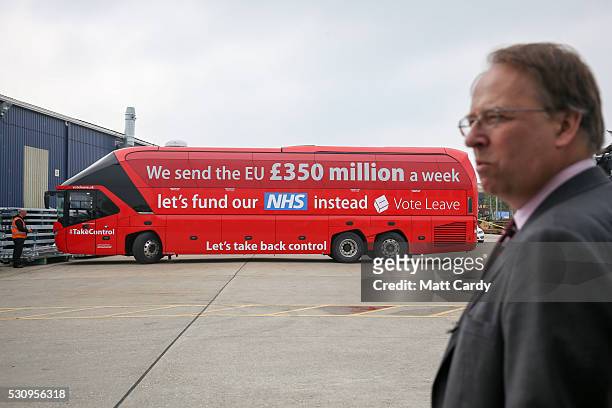 Journalists wait the arrival of Boris Johnson and the Vote Leave bus as he visits Reidsteel, a Christchurch company backing the Leave Vote on the...