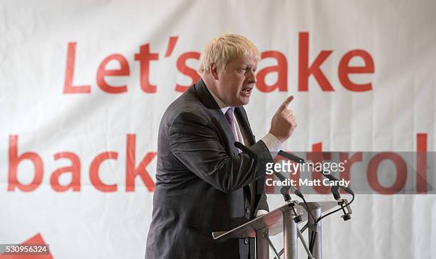 Boris Johnson speaks as he visits Reidsteel, a Christchurch company backing the Leave Vote on the 23rd June 2016. On May 12, 2016 in Christchurch,...