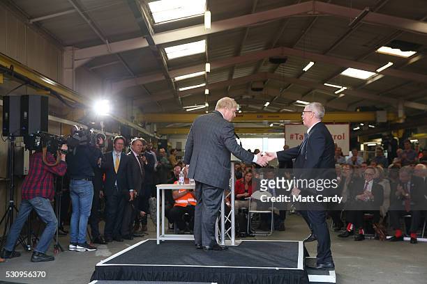 Boris Johnson is thanked as he visits Reidsteel, a Christchurch company backing the Leave Vote on the 23rd June 2016. On May 12, 2016 in...