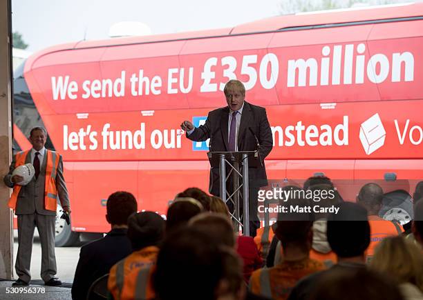 Boris Johnson speaks as he visits Reidsteel, a Christchurch company backing the Leave Vote on the 23rd June 2016. On May 12, 2016 in Christchurch,...
