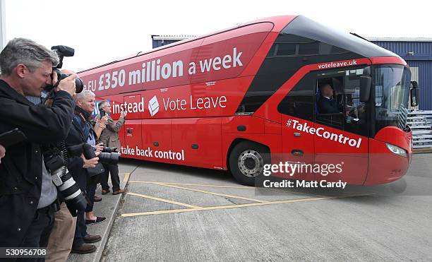 Journalists wait the arrival of Boris Johnson and the Vote Leave bus as he visits Reidsteel, a Christchurch company backing the Leave Vote on the...