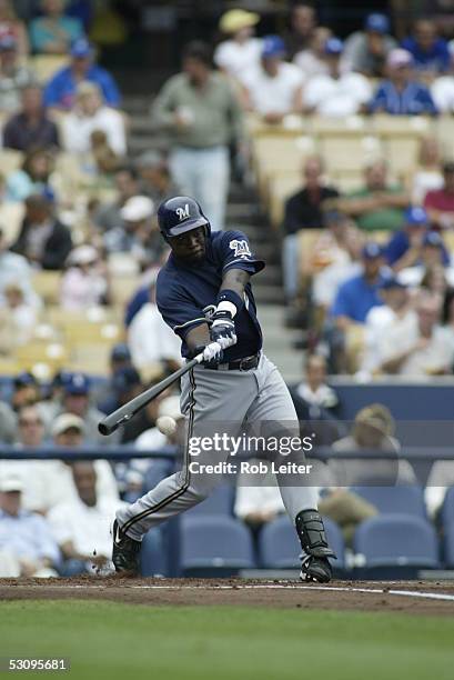 Bill Hall of the Milwaukee Brewers bats during the game against the Los Angeles Dodgers at Dodger Stadium on June 5, 2005 in Los Angeles, California....