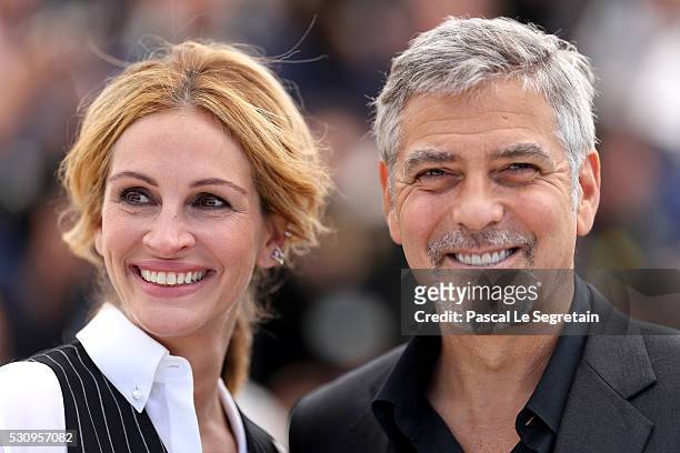 Actors Julia Roberts and George Clooney attend the "Money Monster" Photocall during the 69th annual Cannes Film Festival on May 12, 2016 in Cannes,...