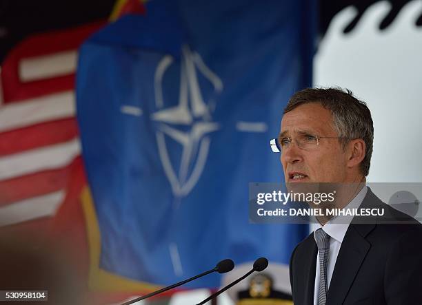 Secretary General Jens Stoltenberg delivers a speech during the inauguration ceremony of the Aegis Ashore Romania facility at the Deveselu military...