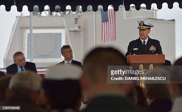 Admiral and Commander of the US Naval Forces Europe Mark E Ferguson gives a speech during the inauguration ceremony of the Aegis Ashore Romania...