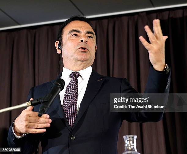 Nissan Motor Co President Carlos Ghosn speaks during a joint press conference at TKP Garden City Yokohama on May 12, 2016 in Yokohama, Kanagawa,...