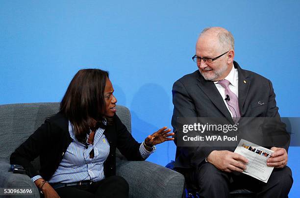 Sierra Leone Football Association President, Isha Johansen talks with International Paralympic Committee President Philip Craven speak during a panel...