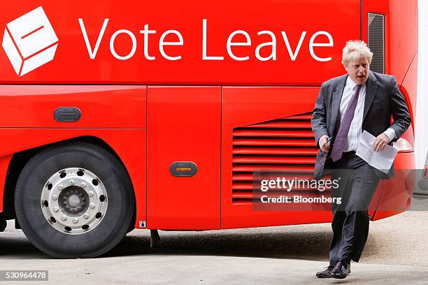 Boris Johnson, former mayor of London, arrives to speak at the Reid Steel factory during the second day of a nationwide bus tour to campaign for a...