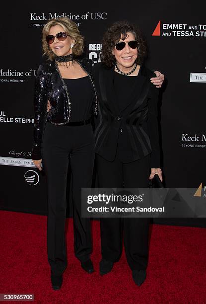 Jane Fonda and Lily Tomlin attend the 3rd Biennial Rebels with a Cause Fundraiser at Barker Hangar on May 11, 2016 in Santa Monica, California.