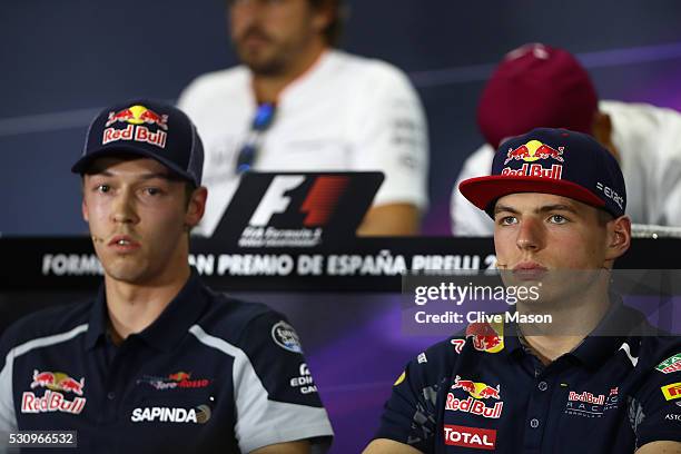 Max Verstappen of Netherlands and Red Bull Racing and Daniil Kvyat of Russia and Scuderia Toro Rosso in the Drivers Press Conference during previews...