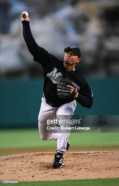 Brian Moehler of the Florida Marlins pitches in the first inning of their game against the Los Angeles Angels of Anaheim on June 17, 2005 at the...